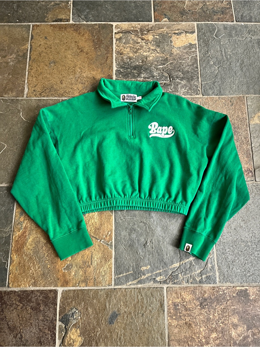 Bape Women's Green Cropped Half-Zip Cowl Pullover